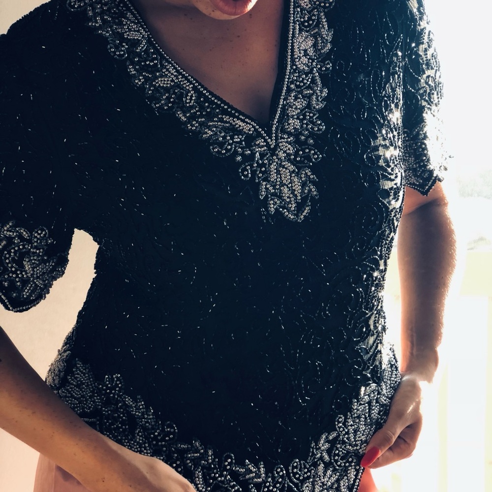 Laurence Kazar Silk Black and Silver Embellished Blouse